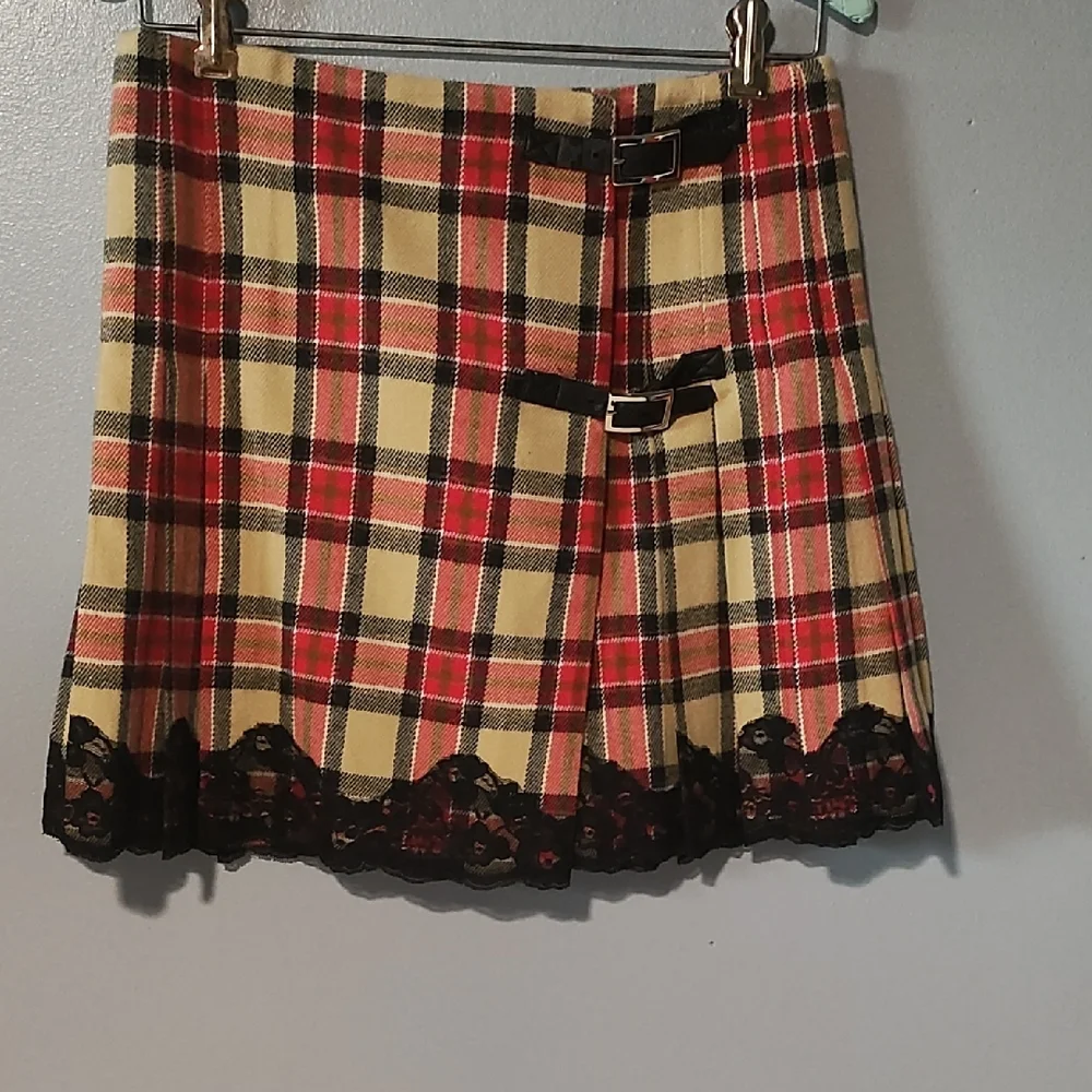 Moda International Red , Tan ,Black And White Pleated Plaid Mini Skirt